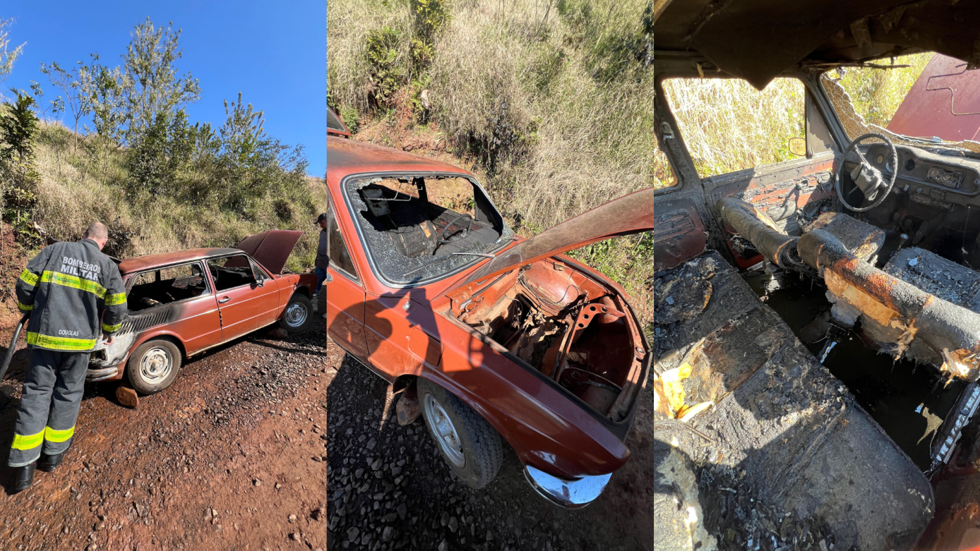 Incêndio destrói veículo na área rural de Saudades; moradores ajudam no combate às chamas