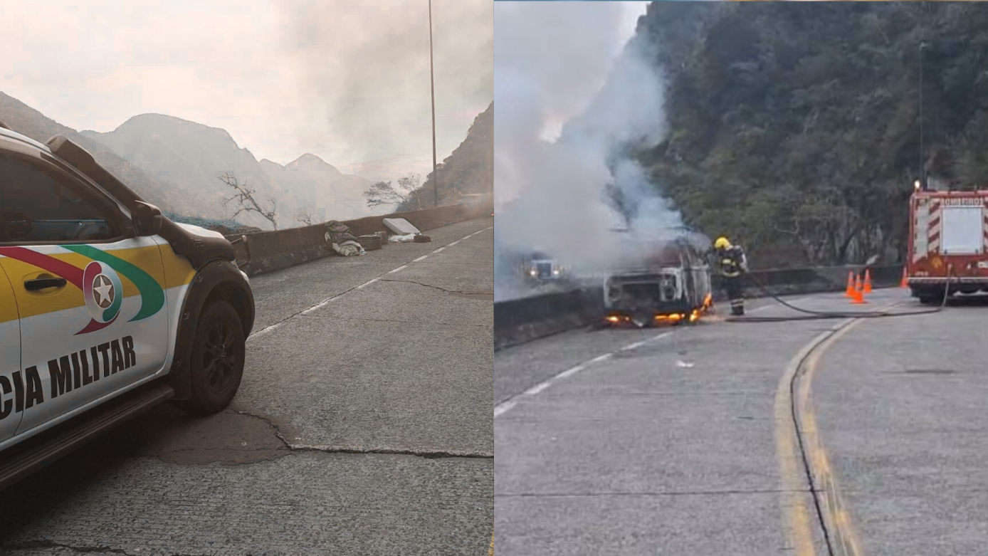 Kombi é destruída por incêndio após perder força na rodovia em Lauro Müller