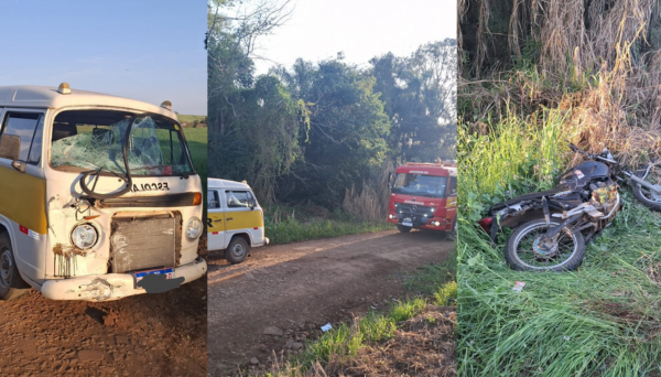 Bombeiros atendem colisão entre motociclista e van escolar em Barracão (PR)